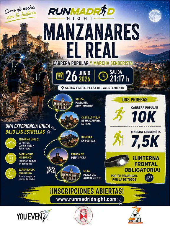 Poster for the 2026 Run Madrid Night in Manzanares el Real, showing the main points on the route