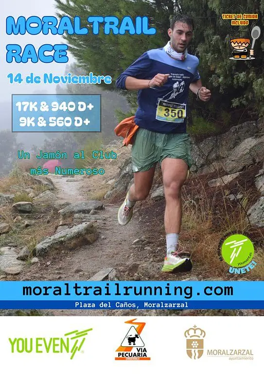 Official MoralTrail Race 2026 poster: a runner descending a rocky trail through the pines