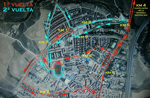 Plano del recorrido de 10 km en dos vueltas, con salida y meta en la pista de atletismo